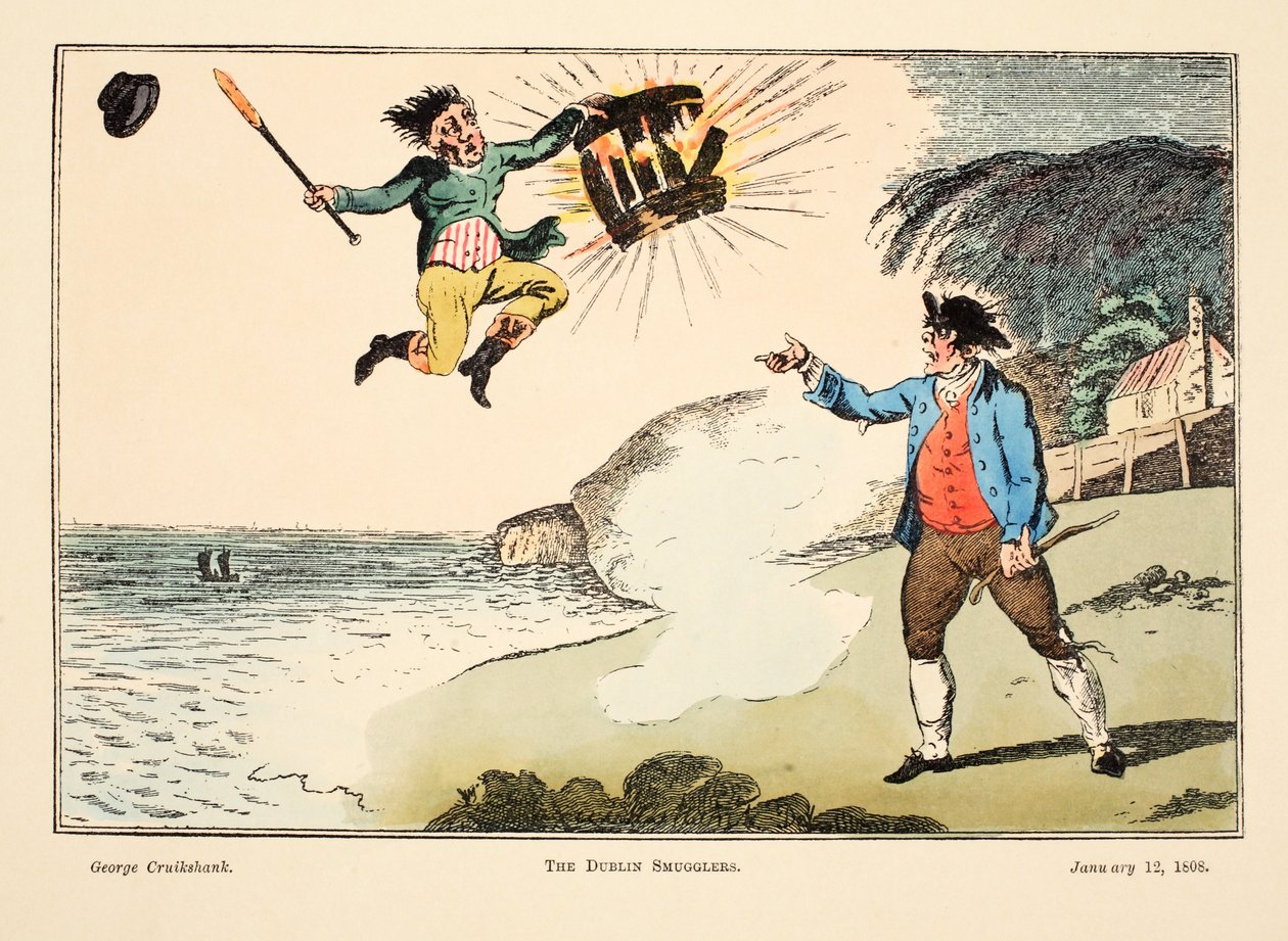The Dublin Smugglers, 1808 (håndfarget gravering) av George Cruikshank