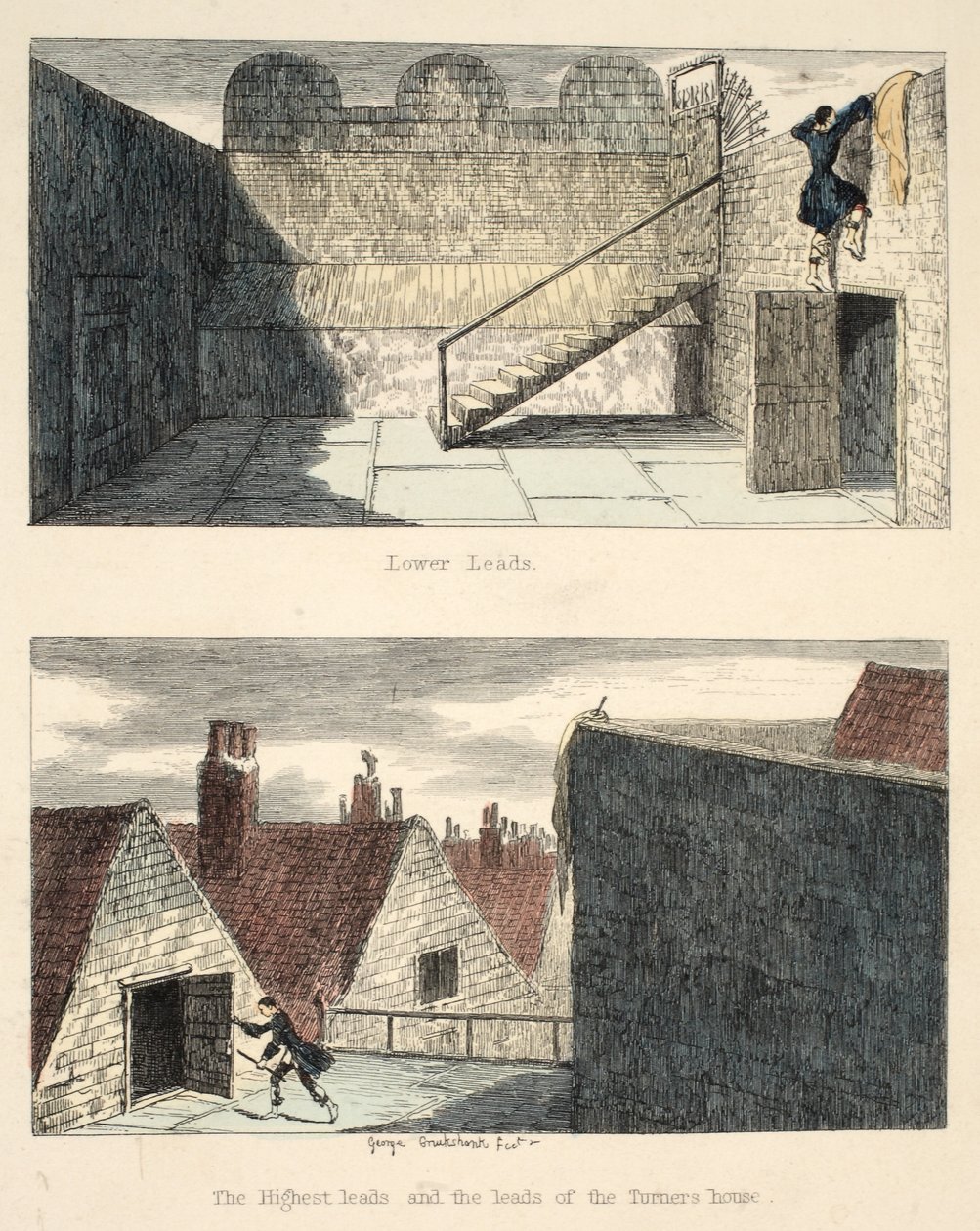 The Escape No. 3, illustrasjon fra Jack Sheppard: A Romance av William Harrison Ainsworth, publisert 1839 (håndfarget etsning) av George Cruikshank