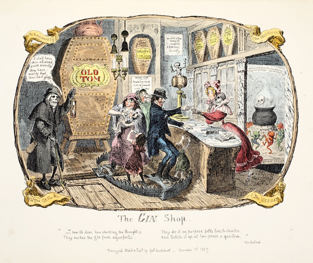 The Gin Shop, pub. 1829 (håndfarget gravering) av George Cruikshank
