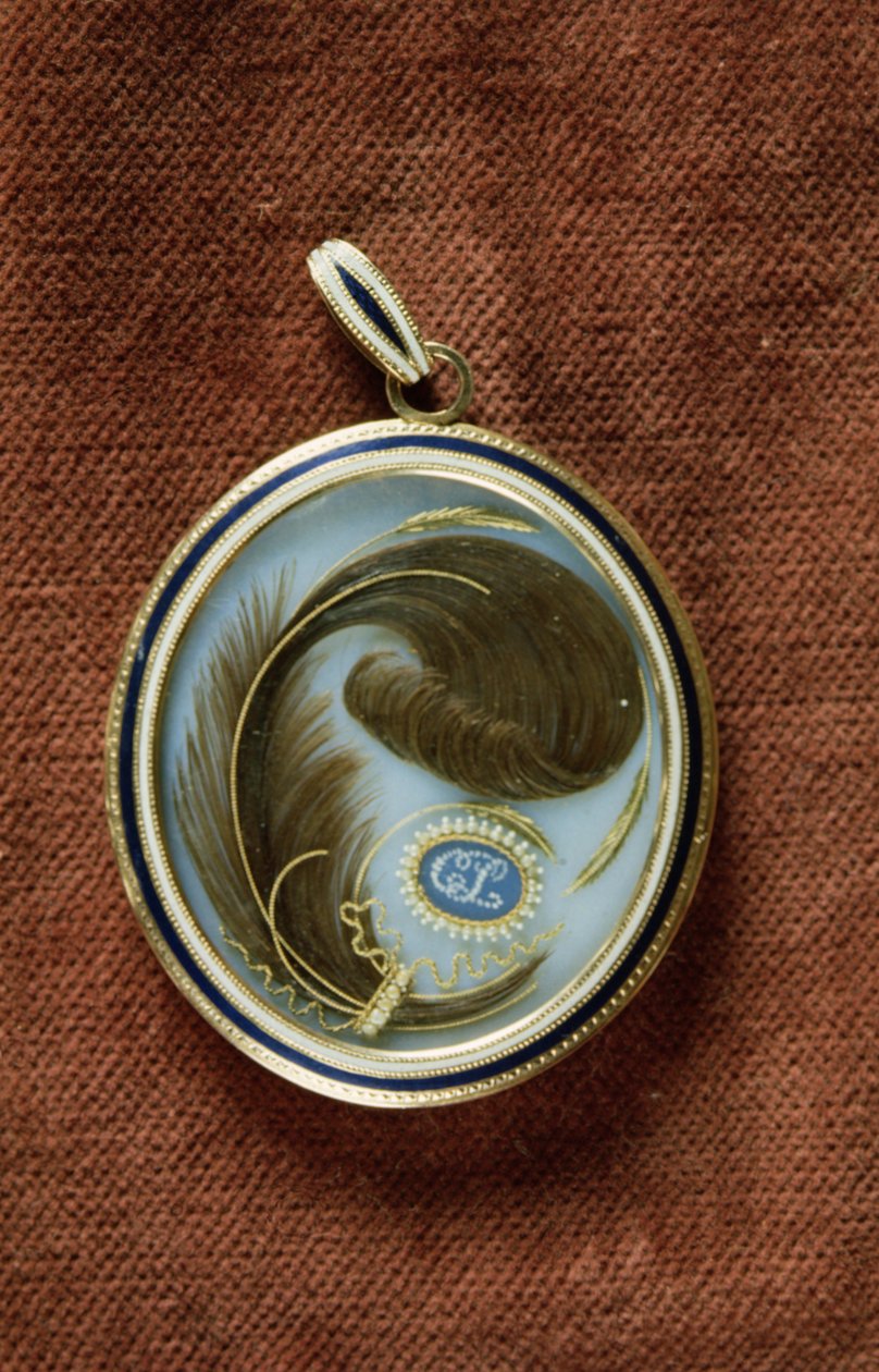 Emaljert medaljong som inneholder en hårlokk med initialene C.L. av George Engleheart