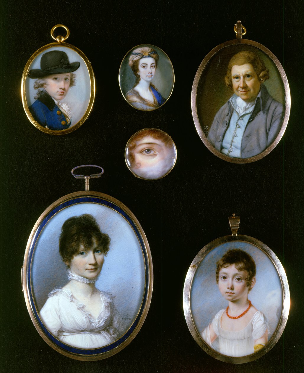 Portrettminiatyrer, fra LtoR og TtoB: Sir Thomas Terney; Ukjent kvinne; William Alton; Portrett av et øye; Ukjent kvinne (1750-1829); Ukjent jente av J.C.D. Engleheart (1784–1862) av George Engleheart