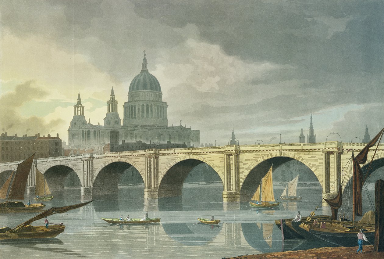 Sørvest-utsikt over St Pauls Cathedral og Blackfriars Bridge, 1810 (fargegravering) av George Fennel Robson