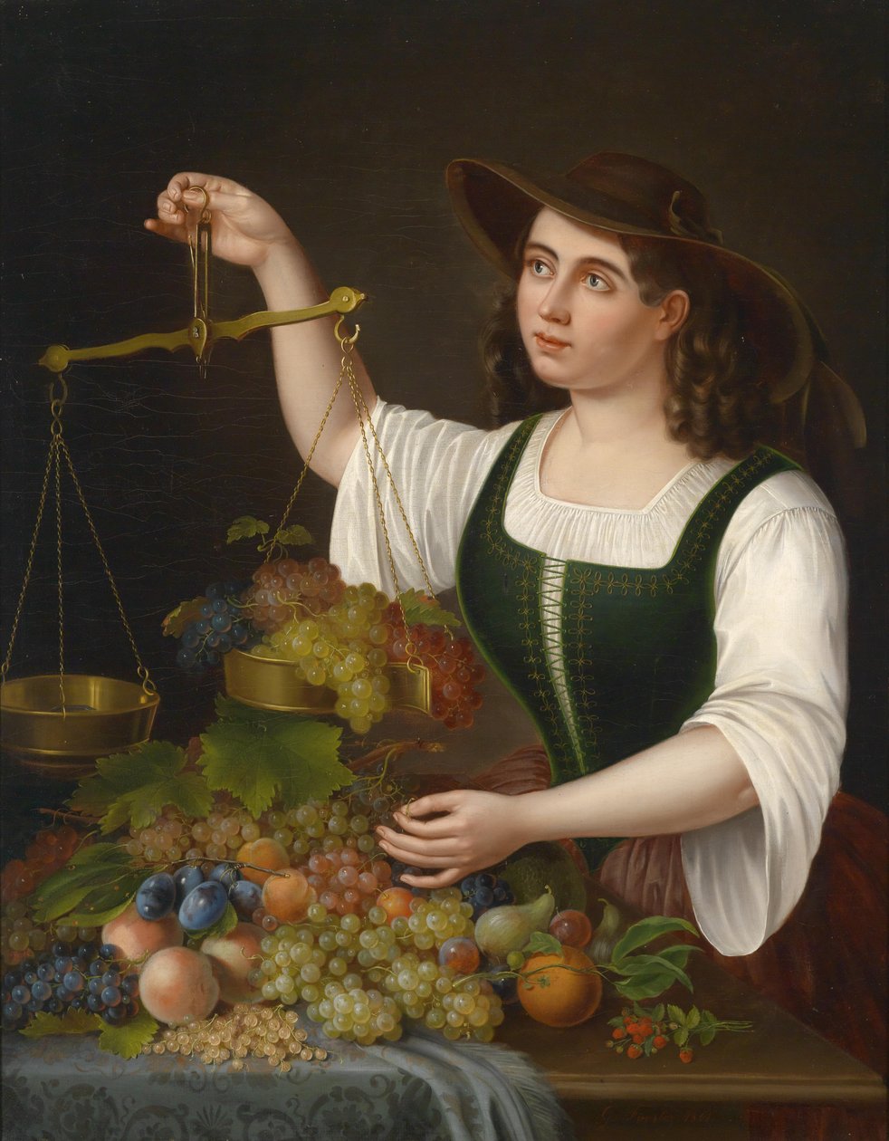 En ung markedskvinne som veier frukt av George Forster