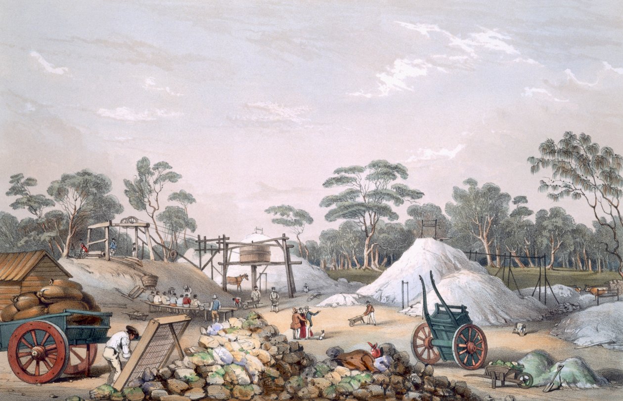 Kapunda Copper Mine, fra 'South Australia Illustrated', utgitt 1847 (håndfarget gravering) av George French Angas