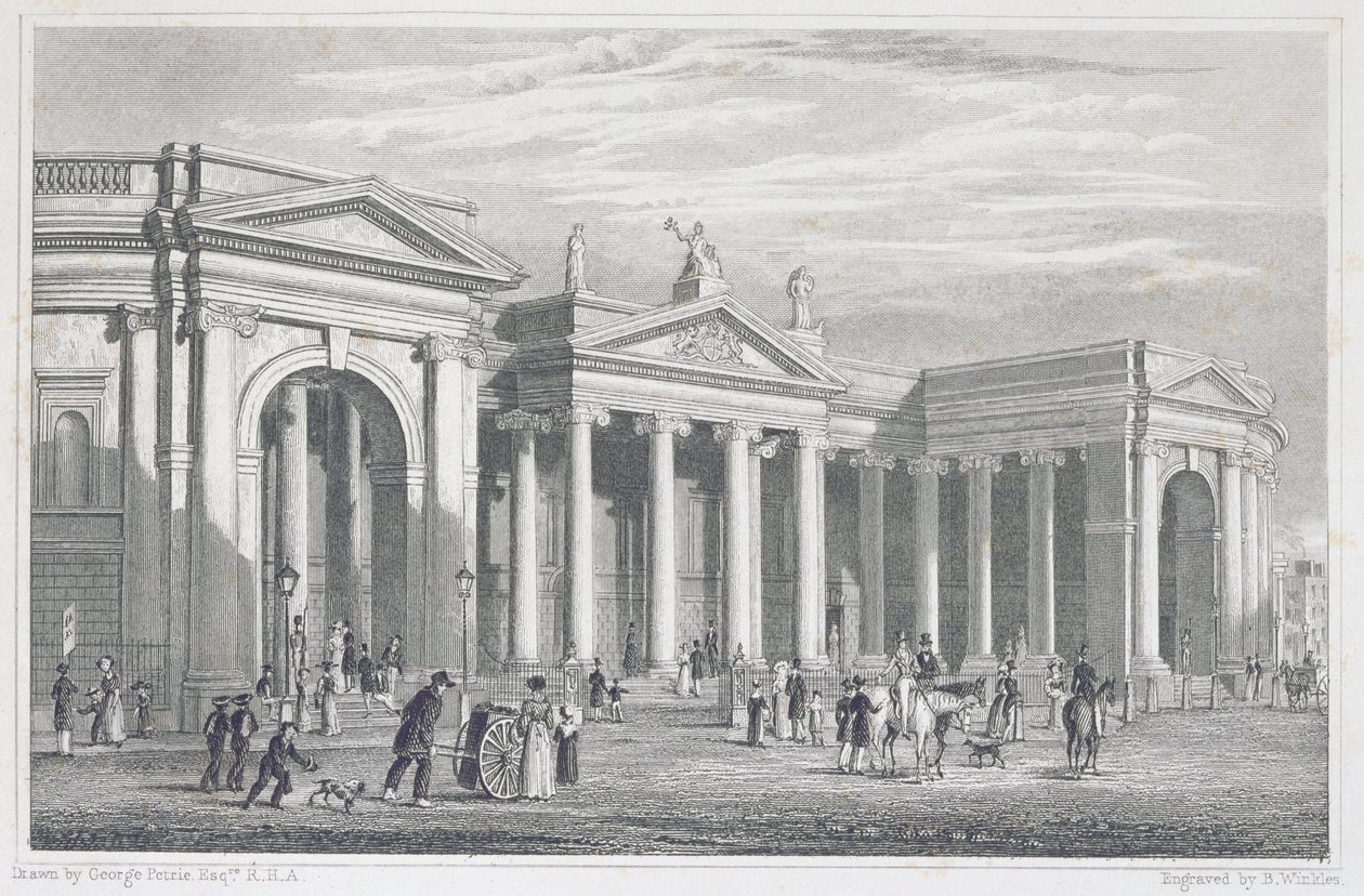 Sørportikoen til Bank of Ireland, Dublin, opprinnelig parlamentshuset, gravert av B. Winkles av George Petrie