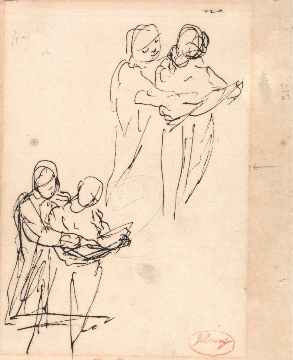 Par undersøker en bok av George Romney