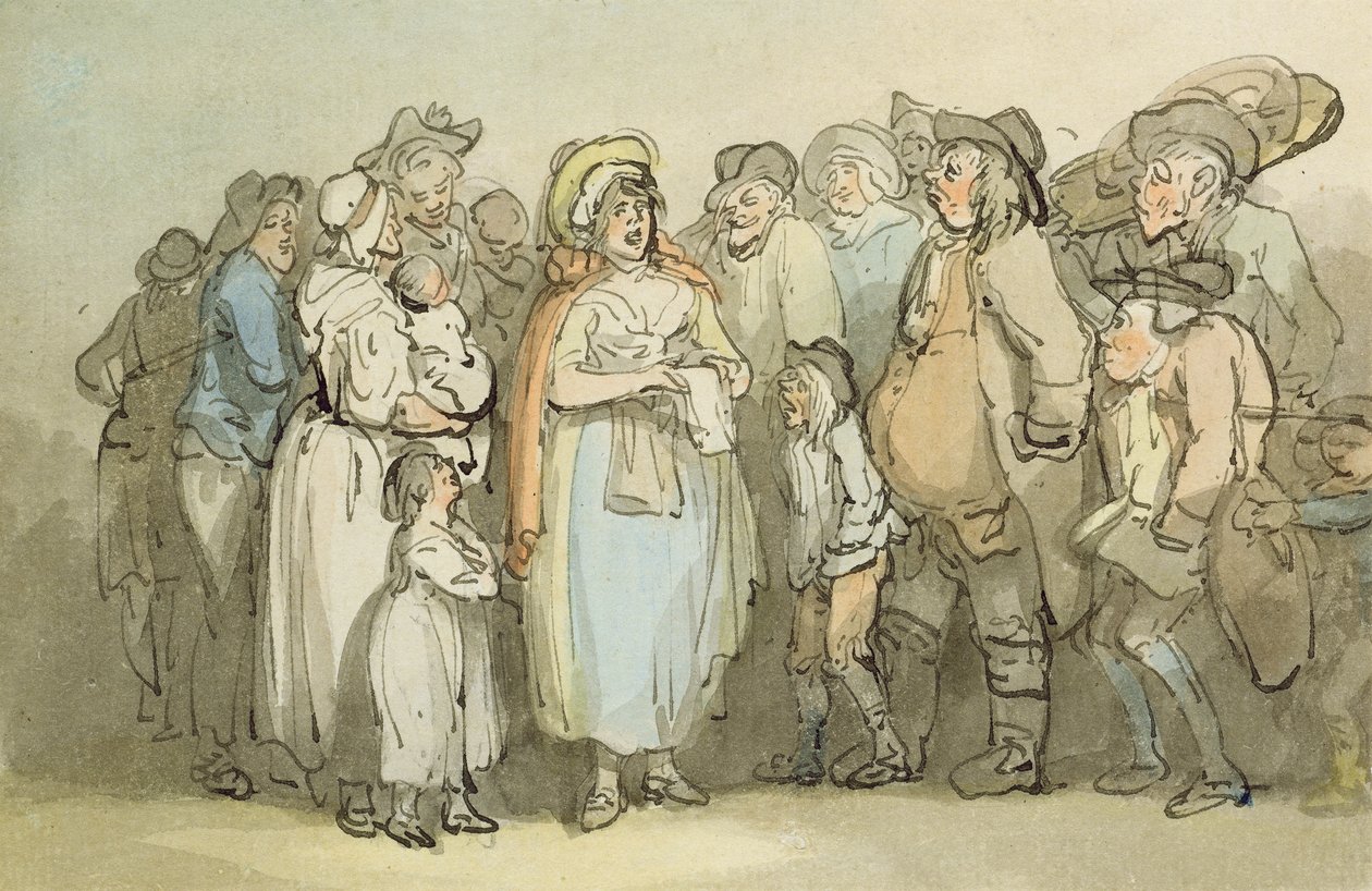 Studie av fanger i et fengsel eller lazaretto med en kledd figur i tåkene (brunt blekk og vask over blyant på papir) av George Romney