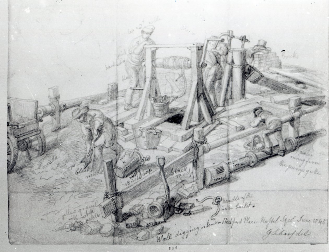 Graver en brønn i Lower Bedford Place, London, 1845 av George Snr Scharf