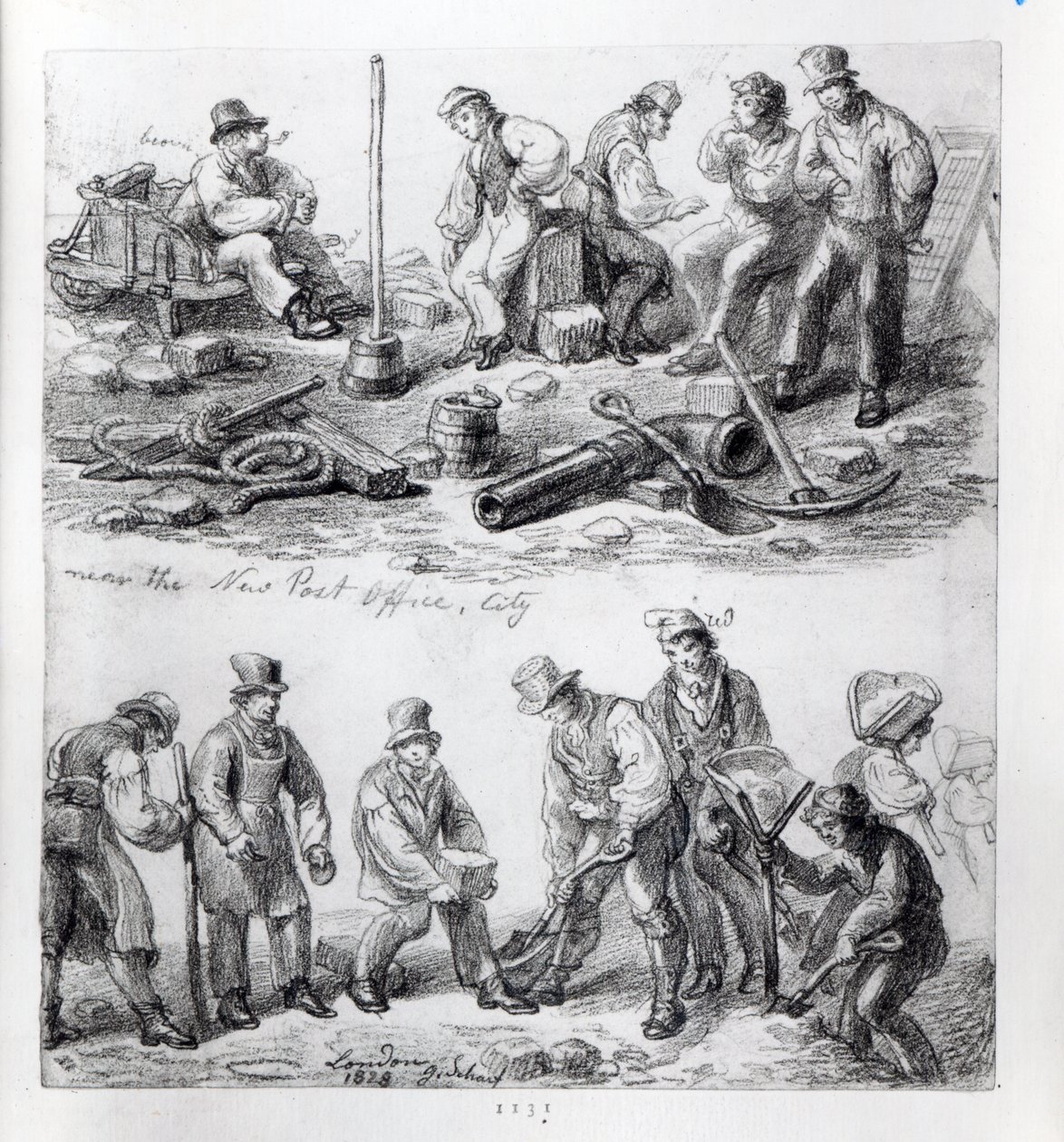 Arbeidere nær det nye postkontoret i The City, London, 1828 av George Snr Scharf