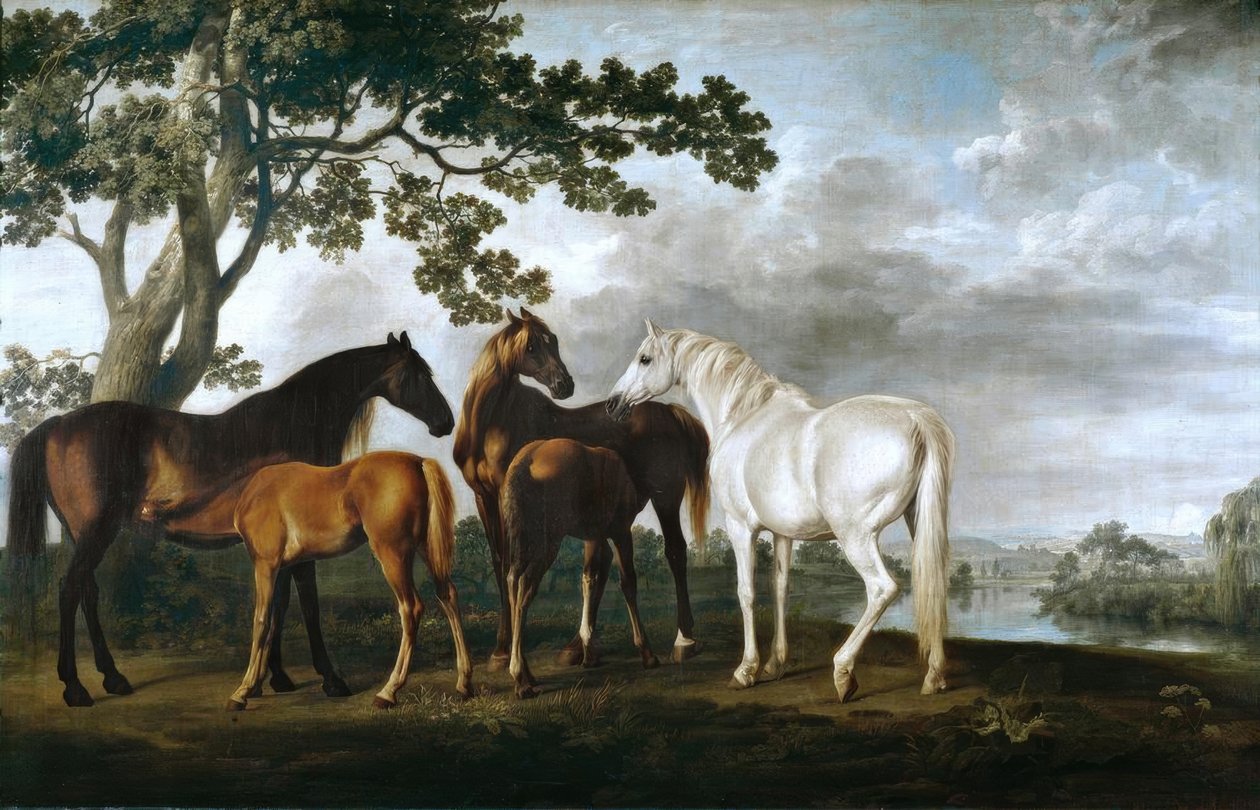 Hopper og føll i et elvelandskap av George Stubbs