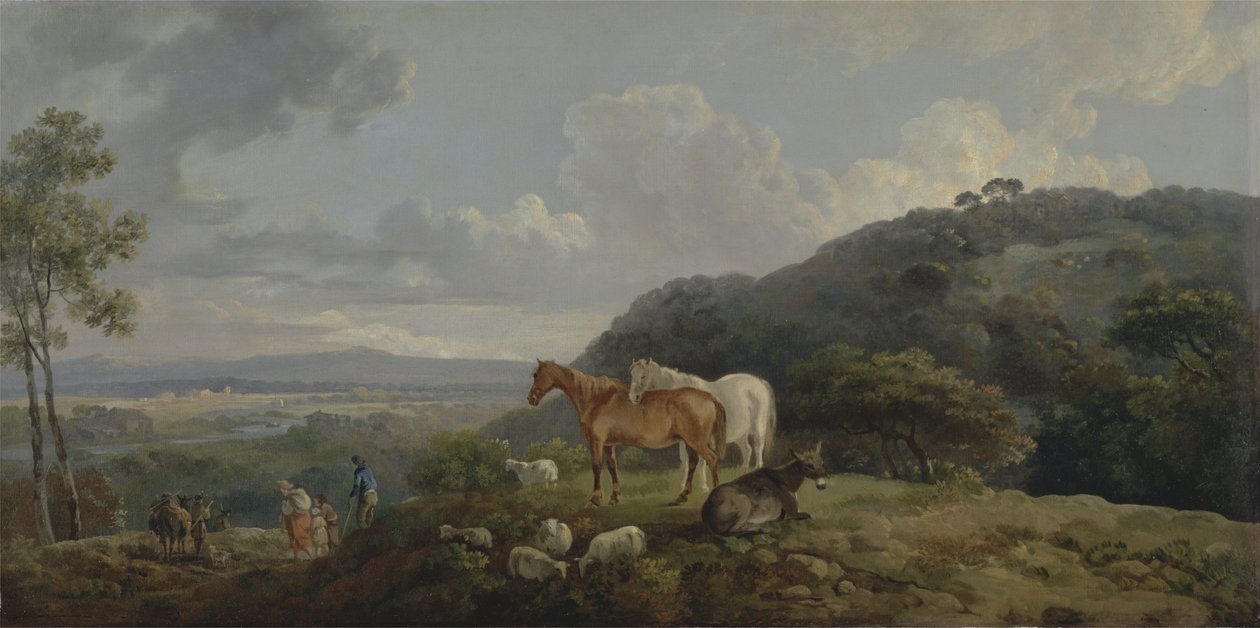 Morgen: Landskap med hopper og sauer, ca. 1770-80 av George the Elder Barret
