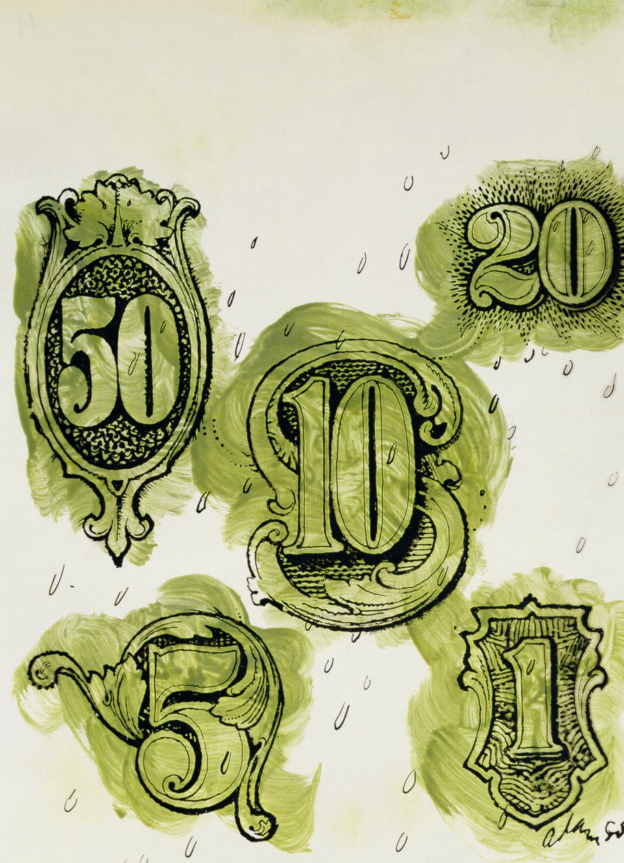 Dollars (blekk og wc på papir) av George Adamson