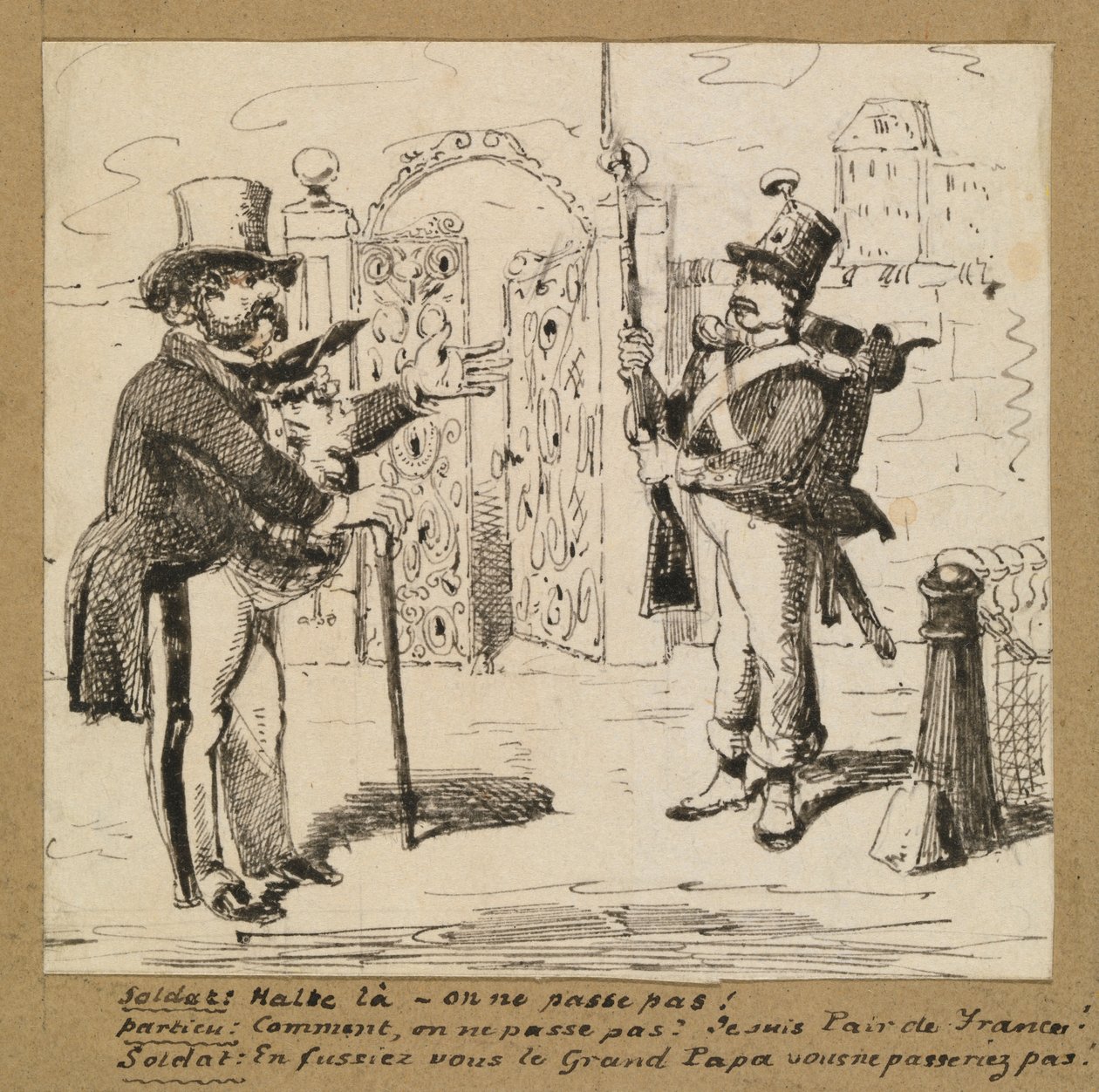 Sentry stopper Gentleman at Gate av George Augustus Sala