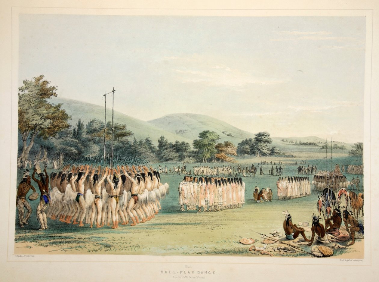Ball-spillerdans, pub. 1845 fargelitografi. av George Catlin