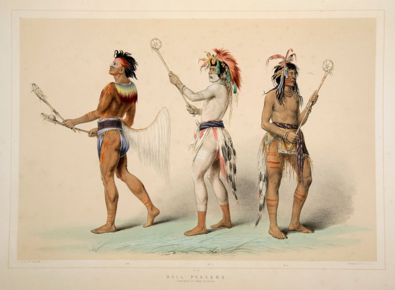 Ballspillere, pub. 1845 fargelitografi. av George Catlin