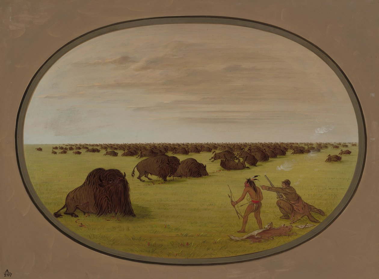 Catlin og indianer som angriper bøffel, 18611869. av George Catlin