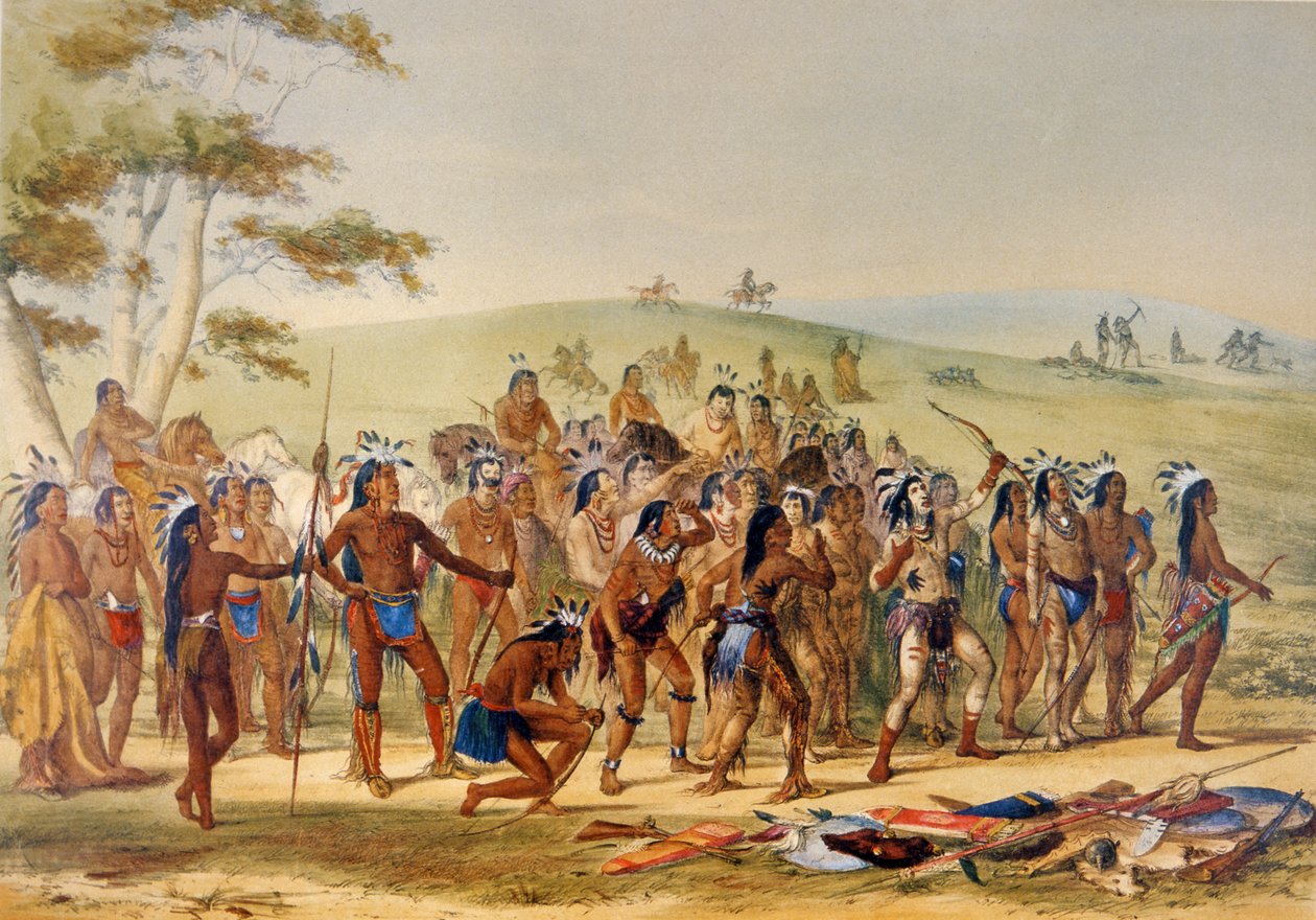 Game of the Arrow (farge litho) av George Catlin