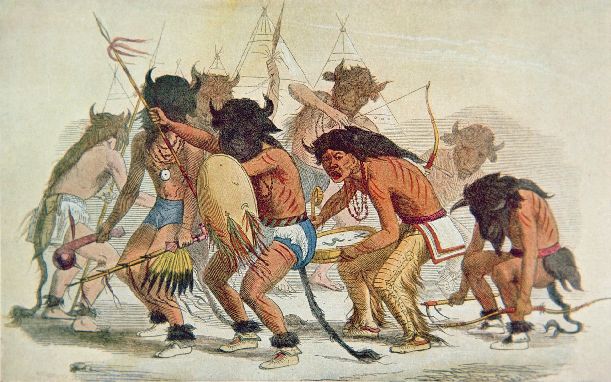 Sioux Buffalo Dance (farge litho) av George Catlin