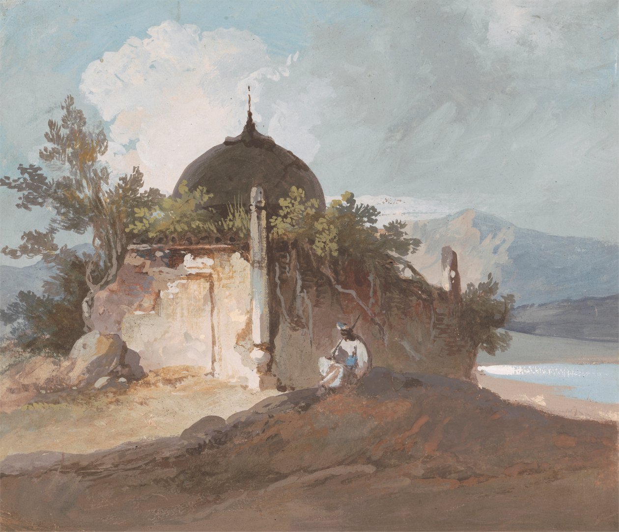 Figur som sitter ved et indisk tempel av George Chinnery