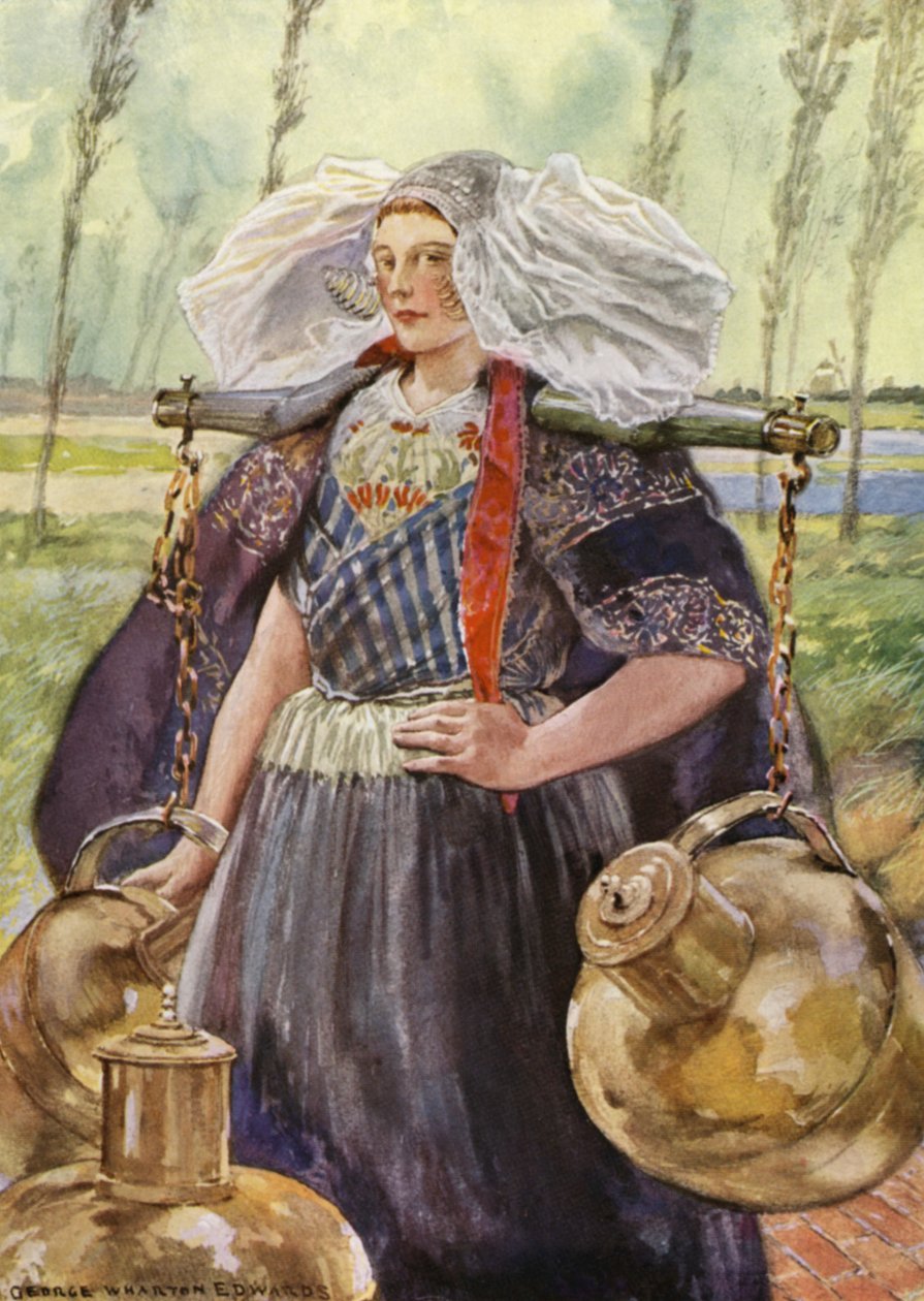 En Zeeland Milkmaid (farge litho) av George Wharton Edwards