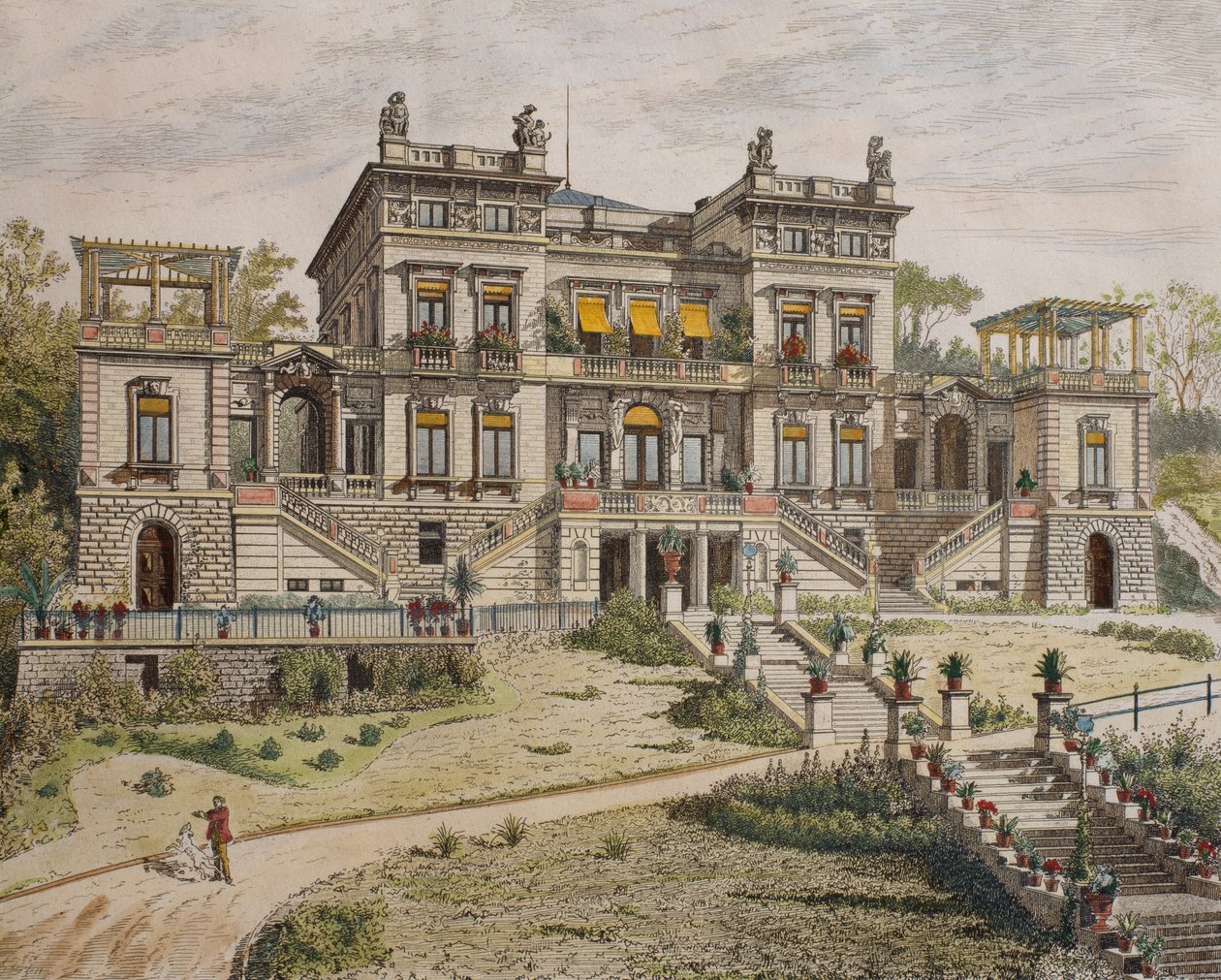 Slott nær Stuttgart, hagefront, illustrasjon fra 
