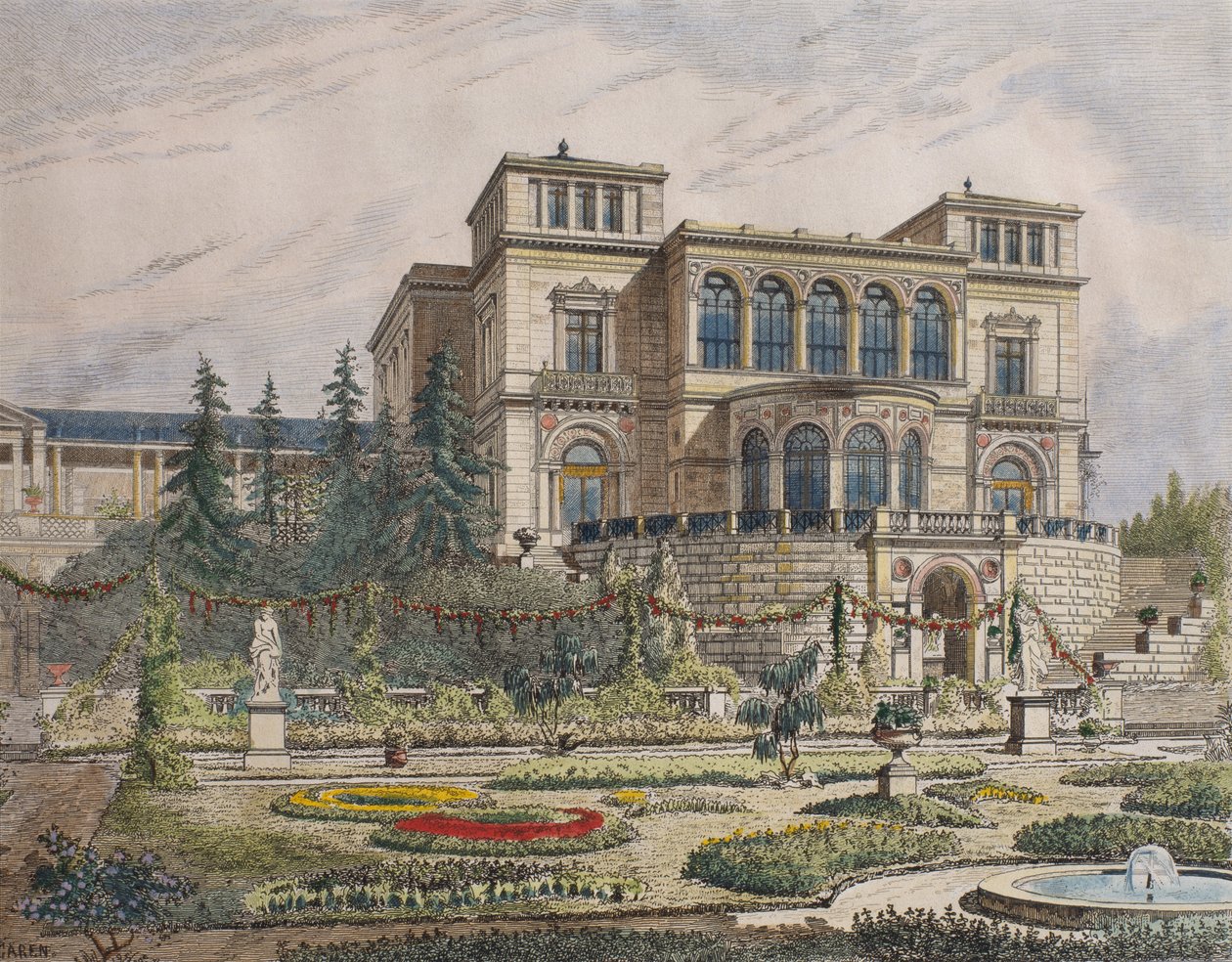 Slott nær Stuttgart, verandafasade, illustrasjon fra 