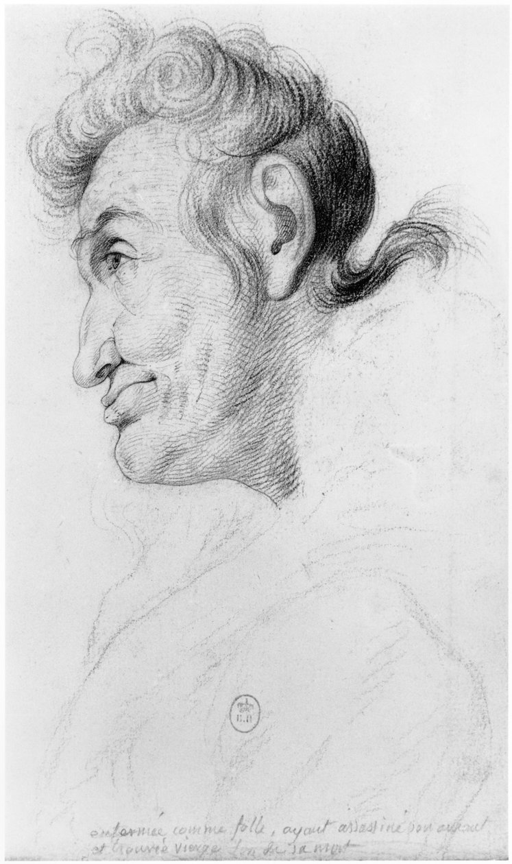 Låst inne som gal, etter å ha myrdet sin elsker og funnet jomfru ved hennes død, illustrasjon fra en upublisert avhandling av Jean Etienne Dominique Esquirol (1772-1840) om galningene til Salpetriere a av Georges Francois Gabriel