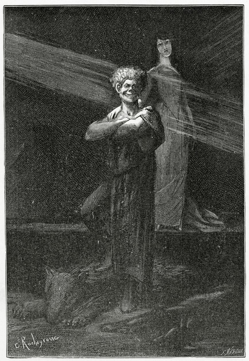 Chaos Vanquished - illustrasjon fra The Laughing Man, 1800-tallet (bw-gravering) av Georges Marie Rochegrosse