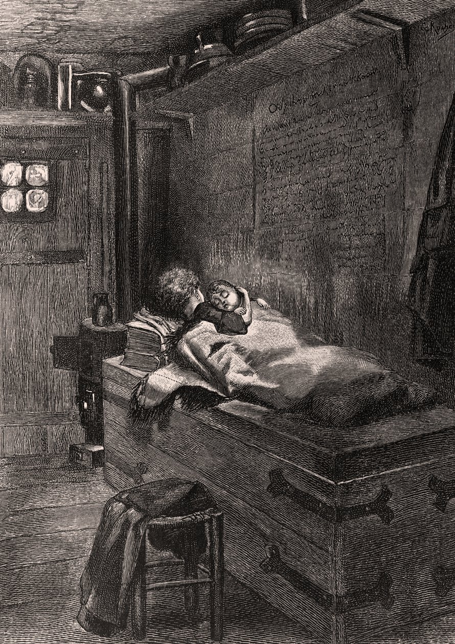 Gwynplaine og Dea sover på en kiste - illustrasjon fra L