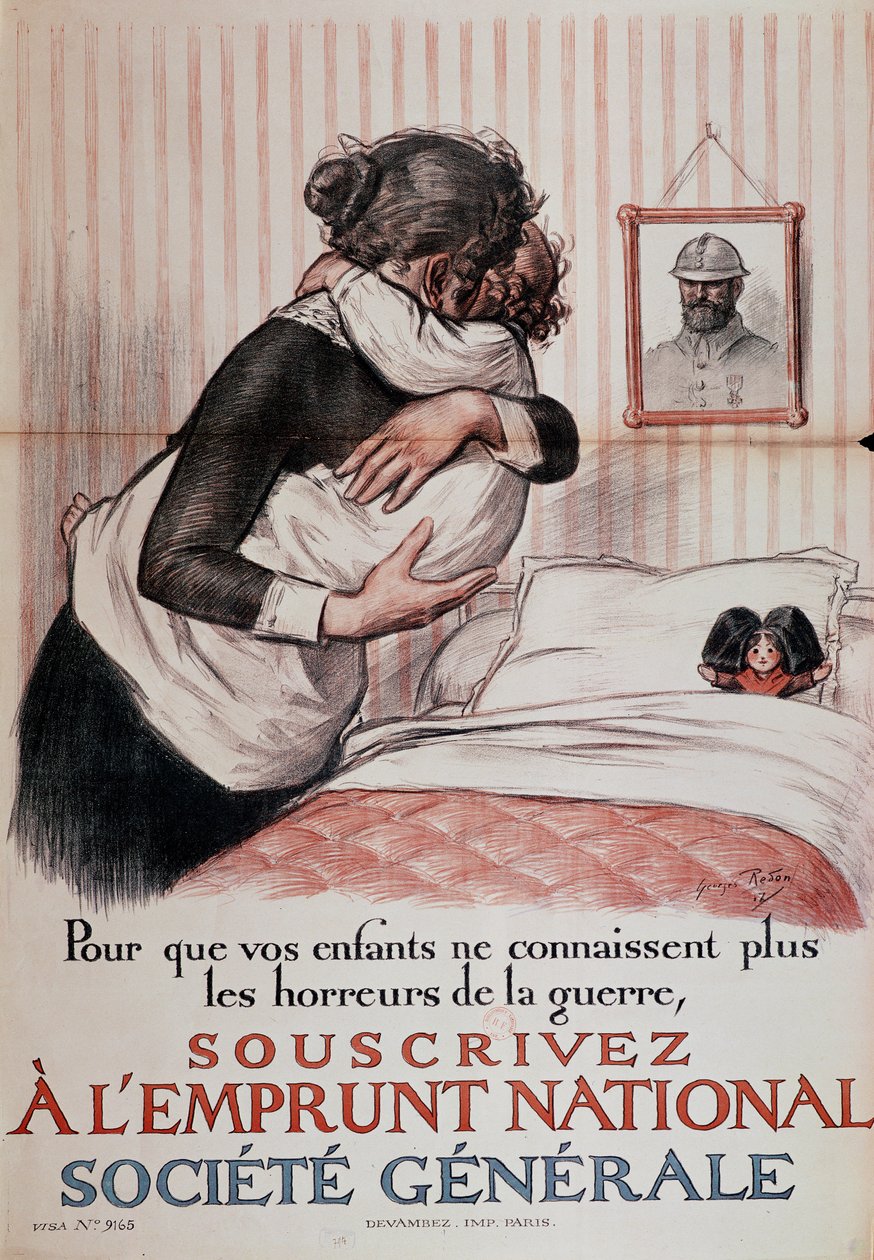 "Så barna dine ikke lenger trenger å kjenne krigens gru, abonner på National Loan", plakat fra Societe Generale, 1917 (se også 179621) av Georges Redon