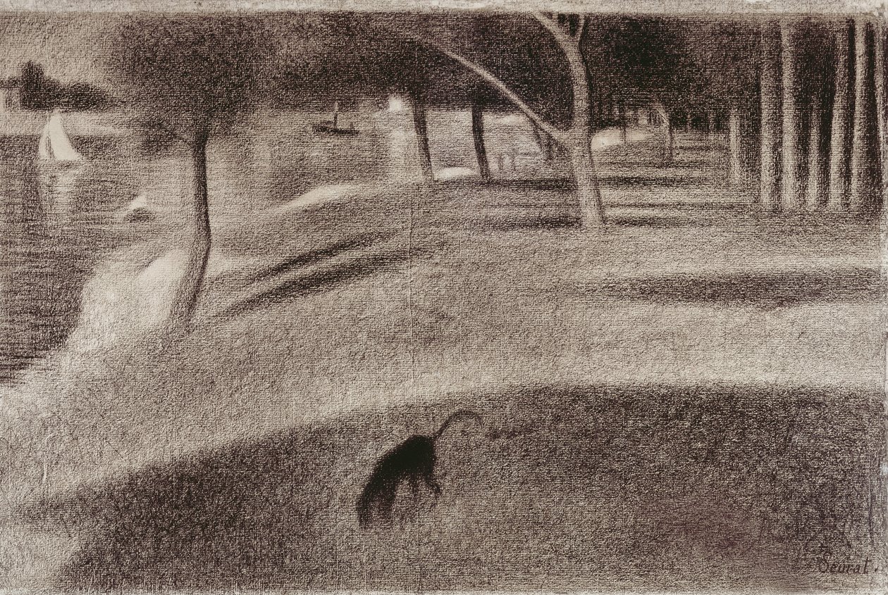 Studie til søndag ettermiddag på øya La Grande Jatte, ca. 1884 (konte-fargestift på papir) av Georges Seurat
