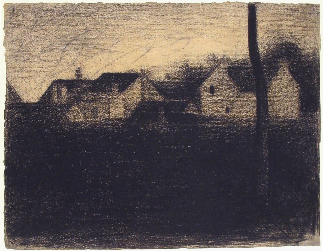 Landskap med hus, 1882-83 (conté fargestift) av Georges Seurat