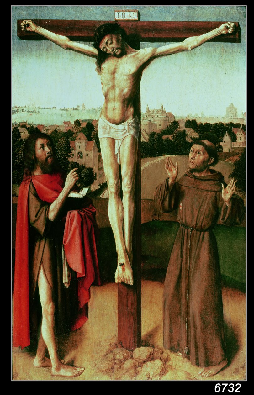 Kristus på korset mellom St. John og St. Francis (se 136582 for pre-restaureringsversjon) av Gerard David