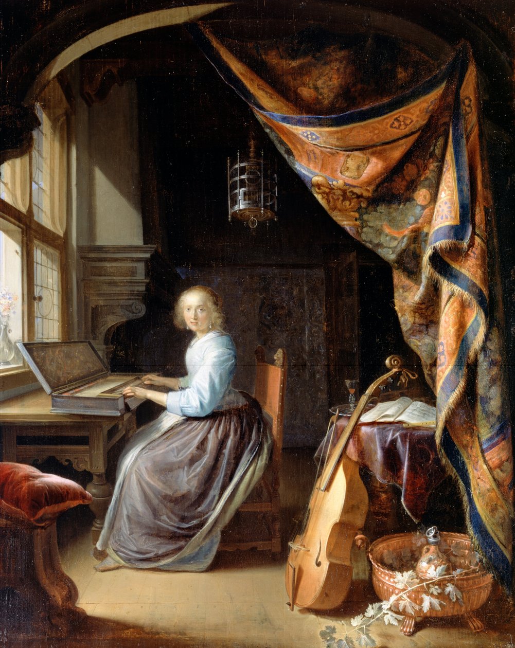 En kvinne som spiller en Clavichord av Gerrit Dou