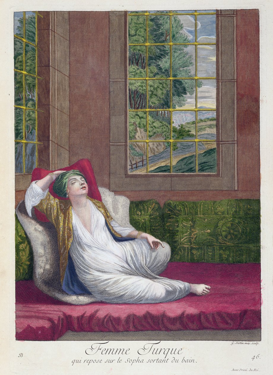 Tyrkisk kvinne, hviler på sofaen etter et bad, 1700-tallet av Gerard Jean Baptiste Scotin