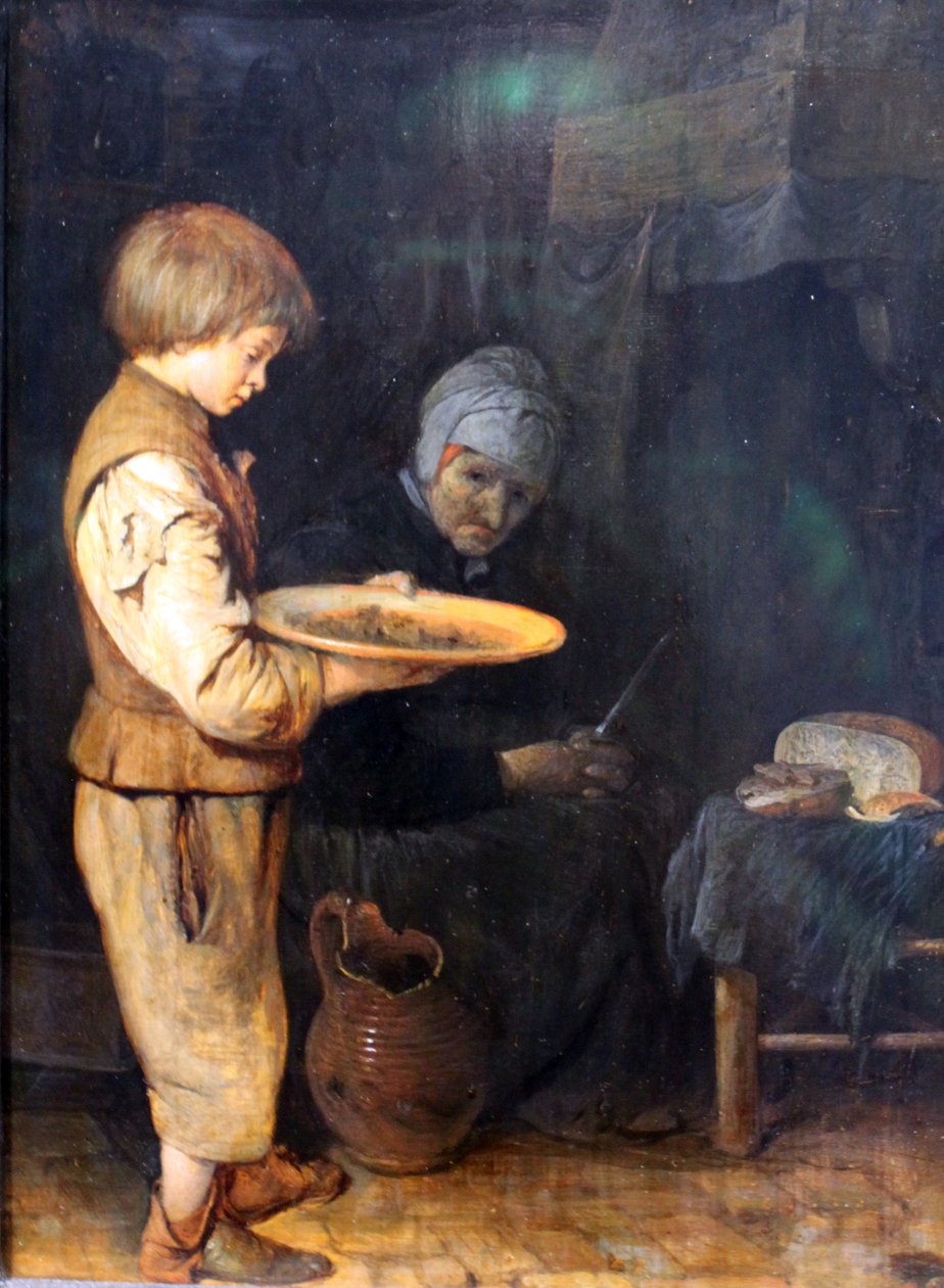 Gammel kvinne og gutt som deler et enkelt måltid av Gerard ter Borch