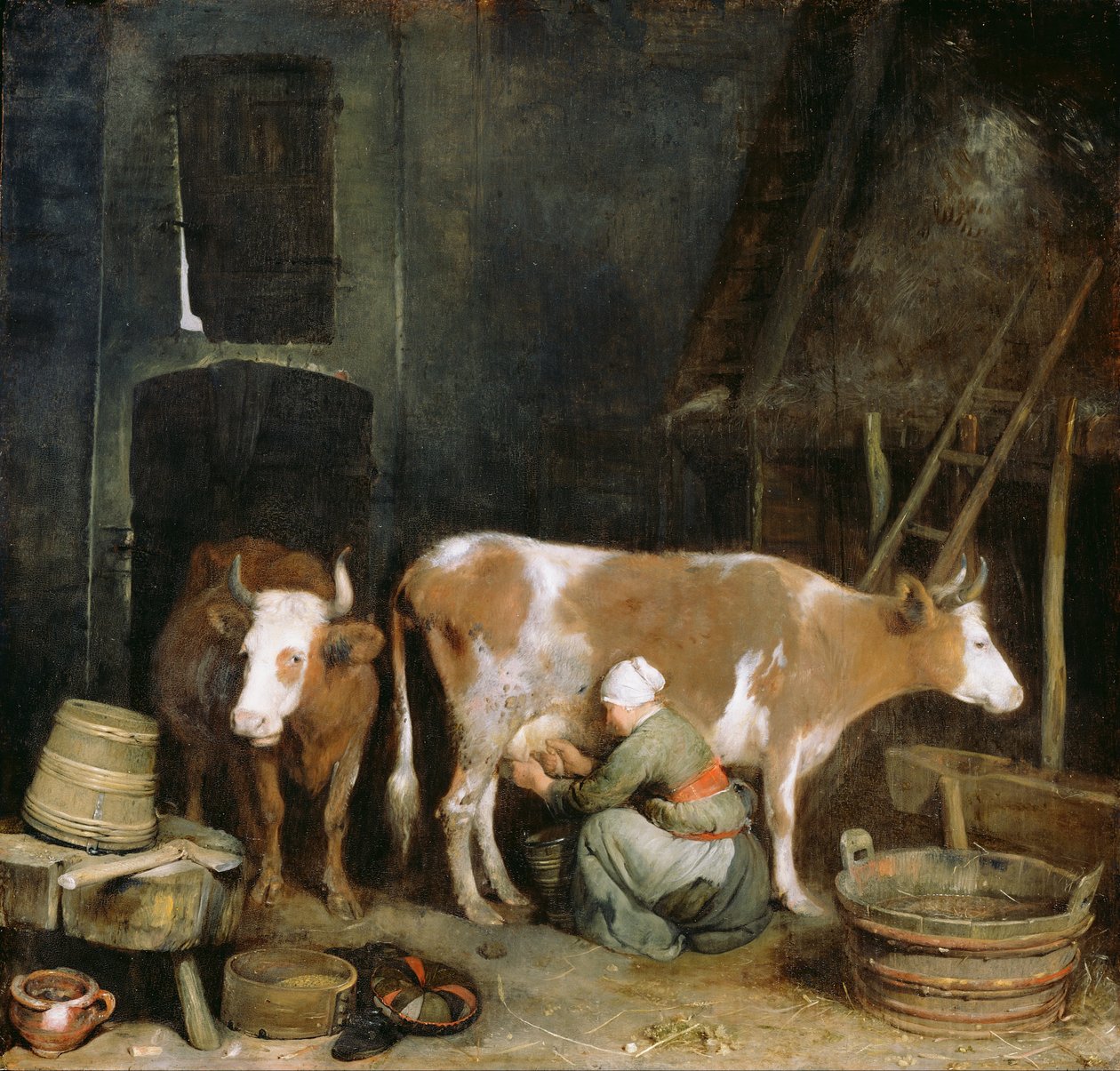 En hushjelp som melker en ku i en låve av Gerard ter Borch