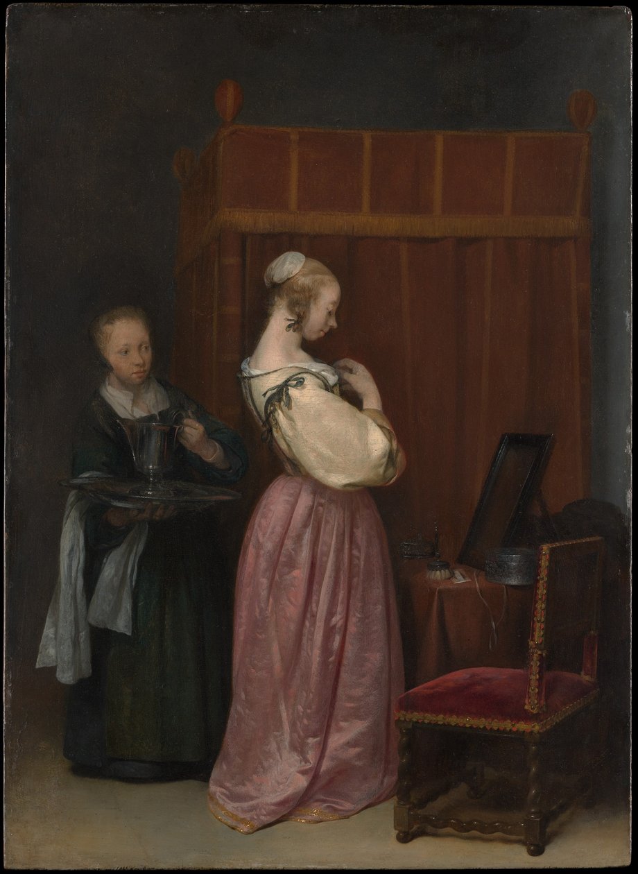 Ung kvinne på toalettet hennes med en hushjelp av Gerard ter Borch