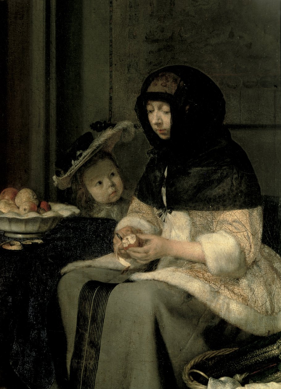 The Apple Peeler, 1660 (detalj av 13129) (olje på lerret på panel) av Gerard ter Borch