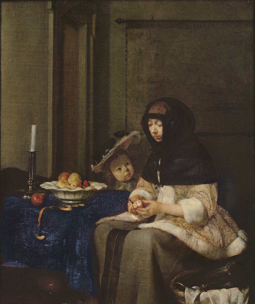 Kvinne som skreller epler, ca. 1660 (lerret på tre) av Gerard ter Borch
