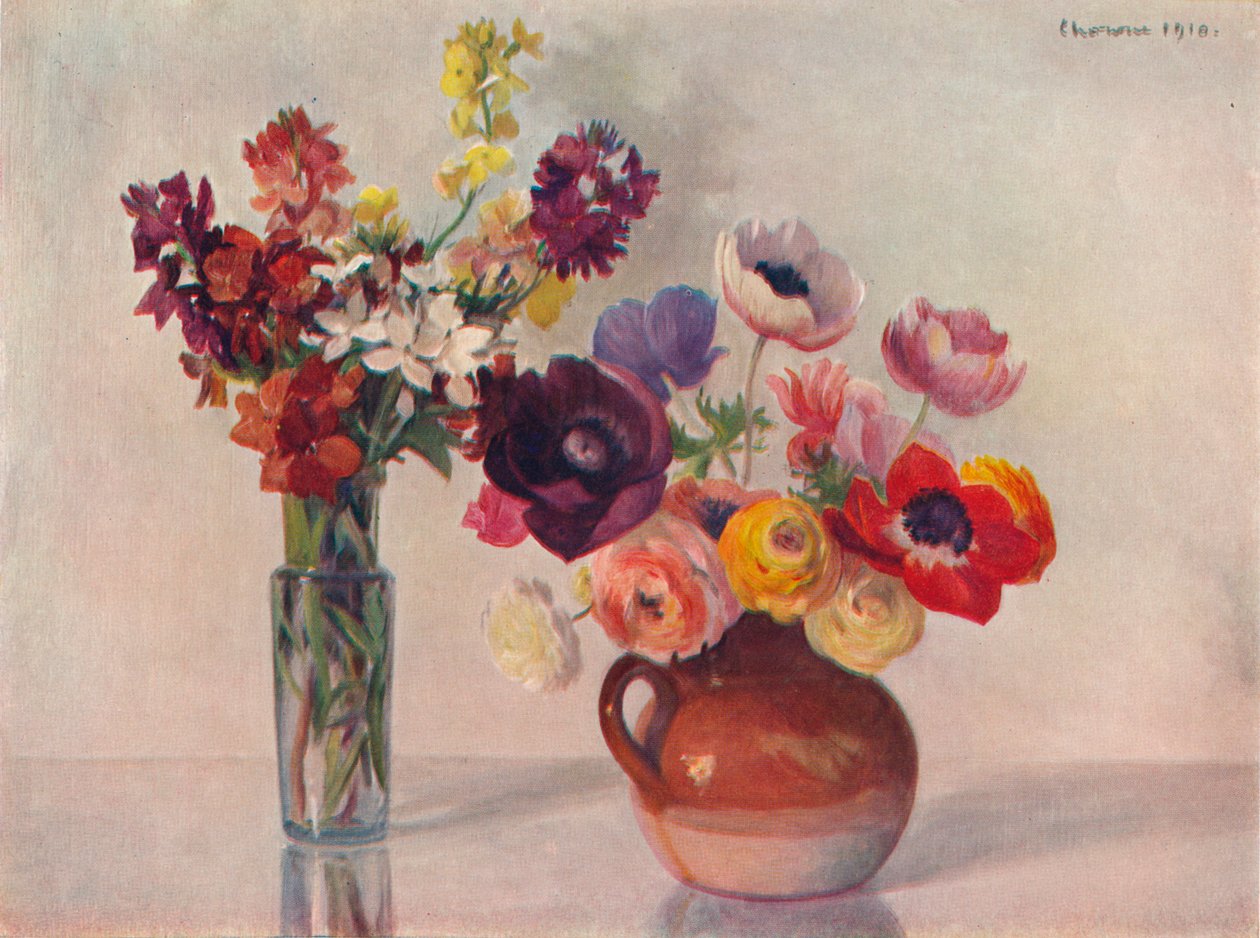 Anemoner og veggblomster, c1909 av Gerard Chowne