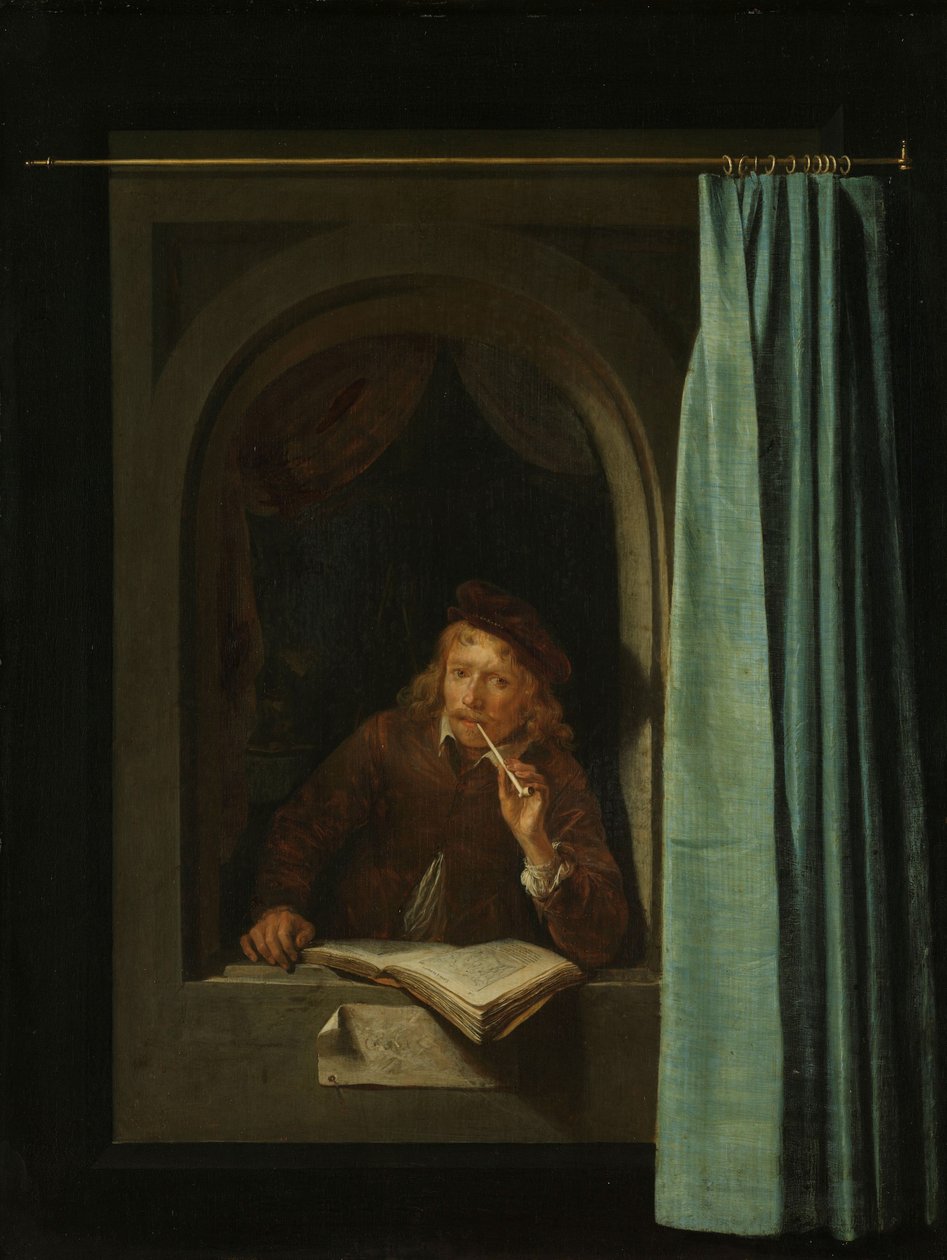 Mann som røyker en pipe. Selvportrett, 1650. av Gerrit Dou