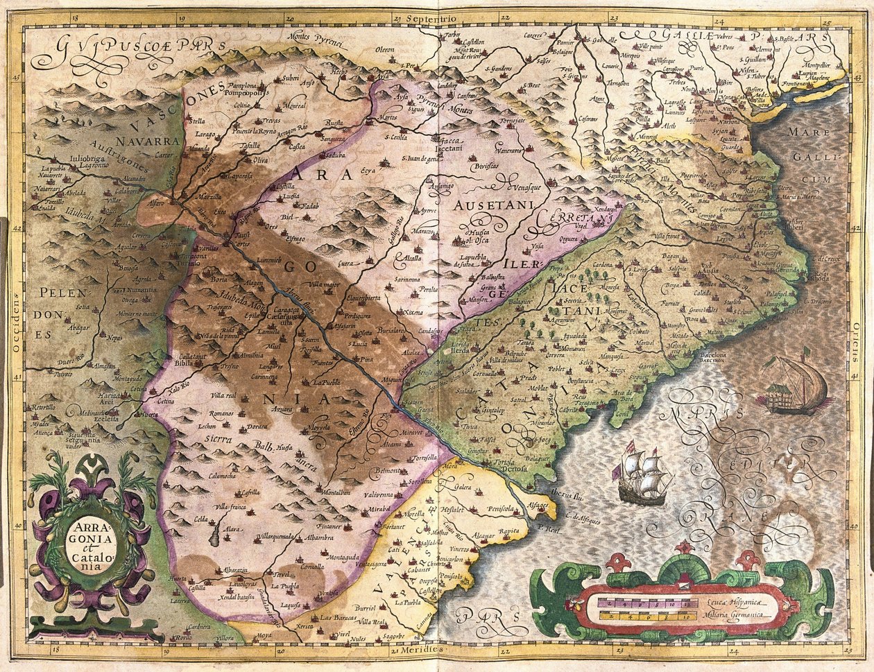Aragon og Catalonia, Spania (gravering av Gerardus Mercator