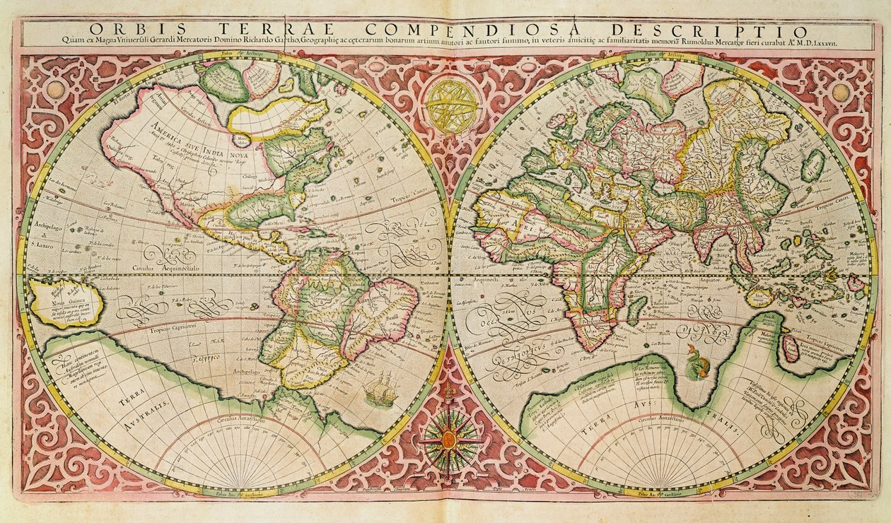 Verdenskart for dobbel halvkule, 1587 av Gerardus Mercator