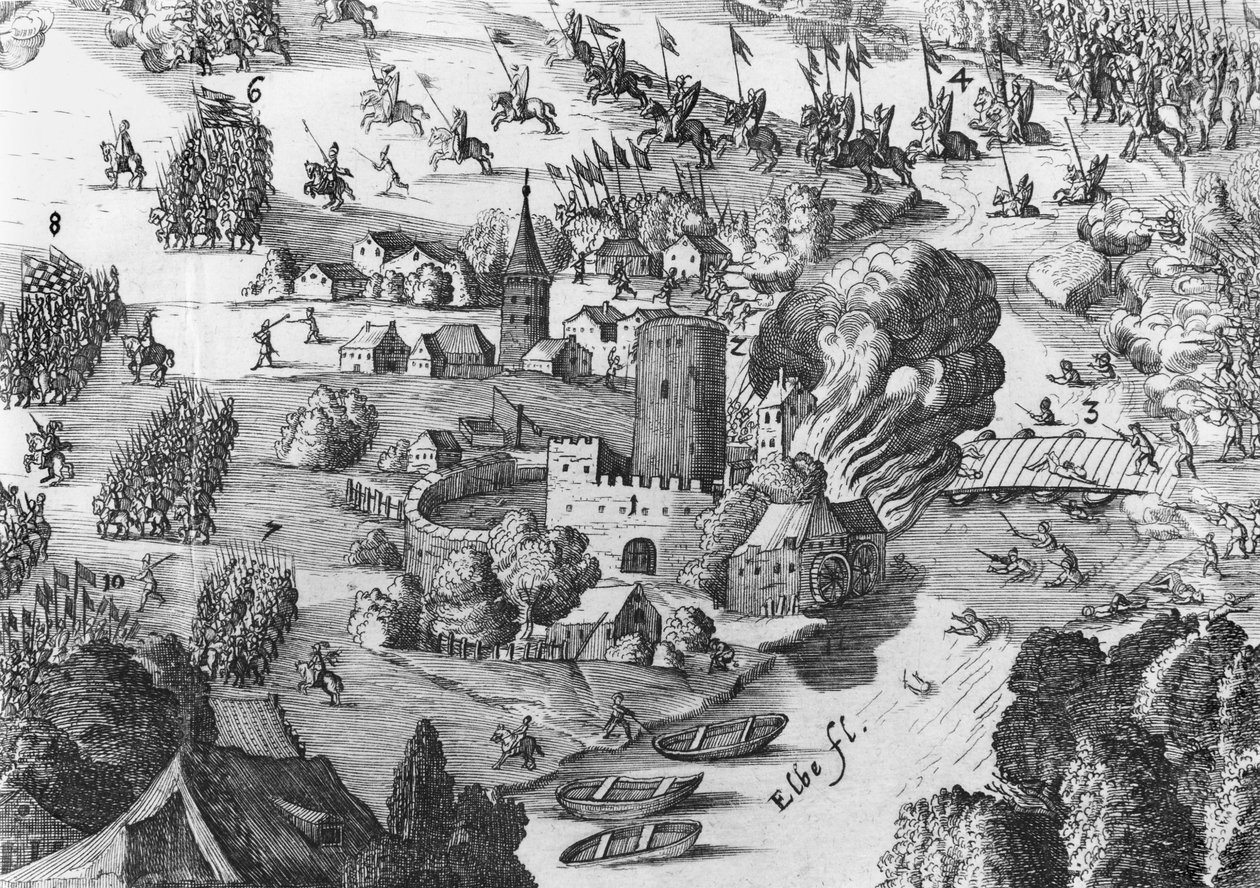 Generell oversikt over slaget ved Muhlberg, detalj, 24. april 1547 (se også 217805, 217806) av German School