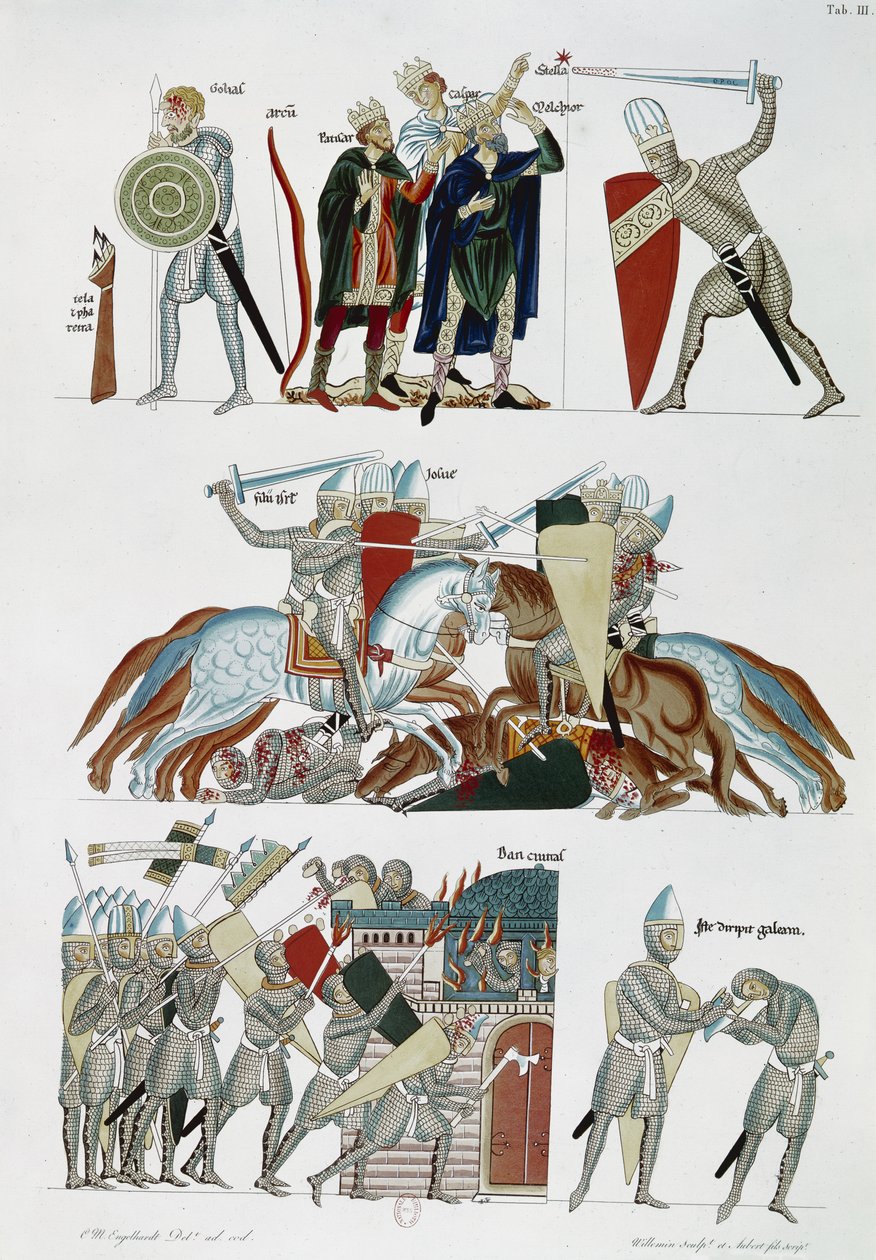 Ms Facs 227 pl.3 Magiene, slaget ved Joshua og beleiringen av Dan, fra Hortus Deliciarum av Herrade de Landsberg, faksimilekopi av et manuskript fra 1100-tallet (penn og blekk og wc på papir) av German School