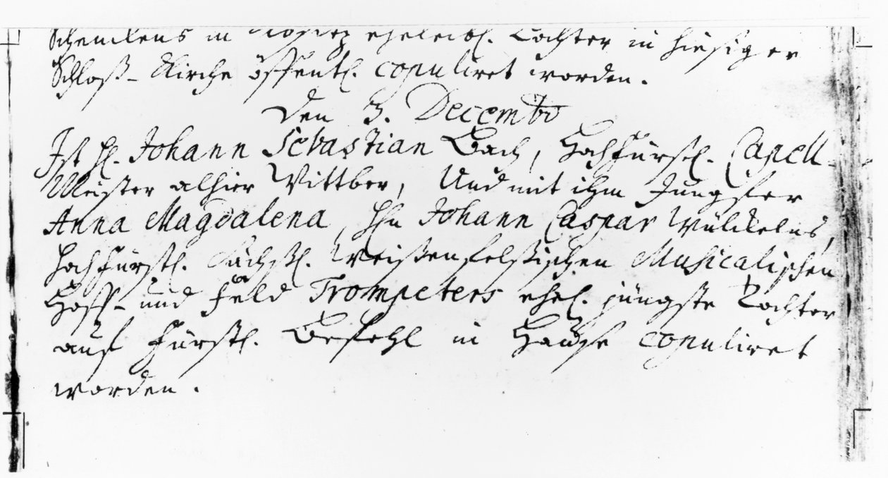 Register over Bachs bryllup med Anna Magdalena Wickeln i prestegården til Jacobskirche, Koethen, 3. desember 1721 (penn og blekk på papir) av German School