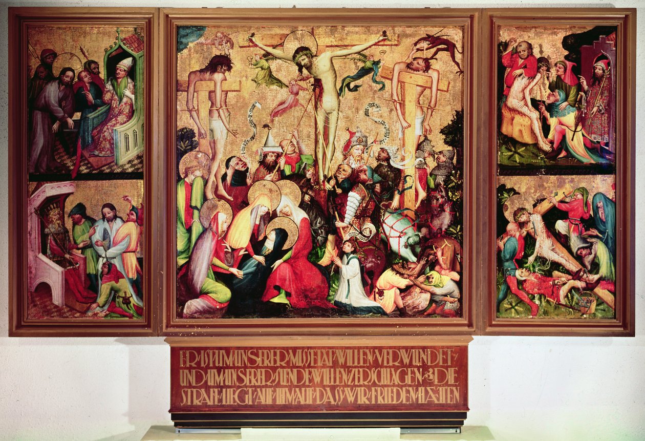 The Crucifixion, triptyk med sidepaneler som viser scener fra lidenskapen (tempera på panel) av German School