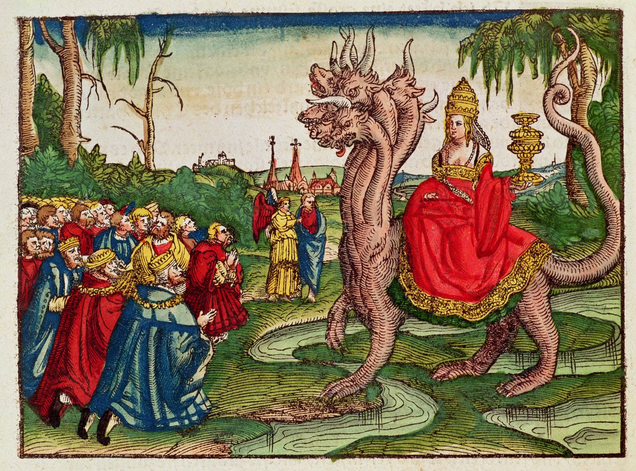 The Whore of Babylon, fra Luther-bibelen, ca. 1530 (farget tresnitt) av German School