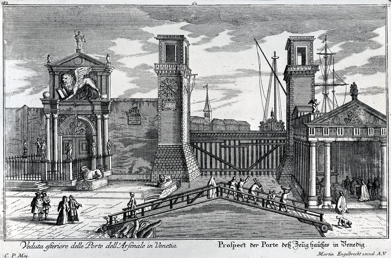 Utsikt over portene ved inngangen til Arsenalet i Venezia, utgitt av Martin Engelbrecht, ca. 1740-tallet av German School